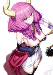 Rule 34 | 1girl, aura (sousou no frieren), balance scale, bare shoulders, black gloves, black thighhighs, blue eyes, blush, braid, breasts, bustier, clothing cutout, commentary request, demon horns, elbow gloves, gloves, hair between eyes, highres, horns, large breasts, long hair, navel, navel cutout, nose blush, pink hair, ririko (zhuoyandesailaer), simple background, skirt, solo, sousou no frieren, standing, thighhighs, trembling, weighing scale, white background, white skirt