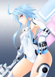Rule 34 | 10s, 1girl, ahoge, armor, armpits, ass, axe, blanc (neptunia), blue hair, bodysuit, breasts, contrapposto, covered navel, cowboy shot, from side, gauntlets, gloves, gradient background, grey background, hair between eyes, hip focus, holding, holding weapon, kisaragikagami, leotard, long hair, looking at viewer, magical girl, neptune (series), open mouth, parted lips, power symbol, power symbol-shaped pupils, profile, red eyes, sawaki koma, short hair with long locks, sidelocks, small breasts, smile, solo, standing, symbol-shaped pupils, thighhighs, thighs, turtleneck, weapon, white heart (neptunia), white thighhighs, wings