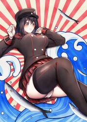 Rule 34 | 1girl, absurdres, akitsu maru (kancolle), akitsu maru kai (kancolle), ass, black eyes, black hair, black jacket, black thighhighs, breasts, buttons, cameltoe, double-breasted, fish, gloves, hat, highres, jacket, kantai collection, large breasts, military hat, military uniform, miniskirt, panties, peaked cap, plaid, plaid skirt, pleated skirt, red skirt, saury, short hair, skirt, solo, thighhighs, underwear, uniform, white gloves, white panties, yuudadou