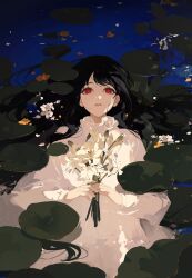 Rule 34 | 1girl, afloat, black hair, bright pupils, chongzhen 085, dress, eyebrows hidden by hair, flower, frills, from above, hair spread out, highres, holding, holding flower, leaf, lily (flower), lily pad, long hair, long sleeves, looking at viewer, lying, on back, open mouth, original, outdoors, parted lips, partially submerged, petals, petals on liquid, pond, puffy long sleeves, puffy sleeves, red eyes, ripples, solo, teeth, upper body, very long hair, water, wet, white dress, white flower, yellow flower