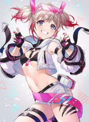 Rule 34 | 1girl, arm strap, bikini, bikini top only, black bikini, black gloves, blue eyes, breasts, commentary request, crop top, detached sleeves, earrings, eyewear on head, fingerless gloves, gloves, gradient hair, grey hair, grin, highres, hood, hooded vest, hoodie, idolmaster, idolmaster shiny colors, iku2727, jewelry, looking at viewer, midriff, multicolored hair, nail polish, navel, open clothes, open vest, red hair, red nails, serizawa asahi, short hair, short shorts, short twintails, shorts, small breasts, smile, solo, sunglasses, swimsuit, thigh strap, twintails, vest, white shorts