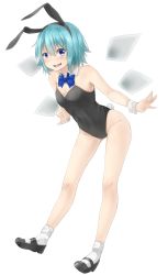 Rule 34 | 1girl, animal ears, blue eyes, blue hair, blush, bow, bowtie, cirno, detached collar, fake animal ears, full body, highres, ice, ice wings, leotard, looking at viewer, mary janes, matching hair/eyes, netamaru, open mouth, playboy bunny, rabbit ears, rabbit tail, shoes, short hair, simple background, smile, socks, solo, tail, touhou, white background, white socks, wings, wrist cuffs