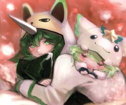 Rule 34 | 2girls, :d, blush, green eyes, green hair, hair between eyes, highres, hood, hood up, horns, hugging object, league of legends, long sleeves, lulu (league of legends), multiple girls, open mouth, pajama guardian lulu, pajama guardian soraka, pillow, pillow hug, red background, saliva, shi to, single horn, smile, soraka (league of legends), teeth, upper teeth only, yordle