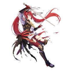 Rule 34 | 1girl, armor, boots, clenched teeth, commentary, english commentary, fire emblem, fire emblem fates, fire emblem heroes, gambeson, gloves, hair ribbon, highres, holding, holding sword, holding weapon, leg up, leggings, long hair, nintendo, non-web source, official art, open mouth, parted lips, red eyes, red hair, red leggings, ribbon, selena (fire emblem fates), selena (resplendent) (fire emblem fates), slashing, smile, solo, sword, teeth, torn clothes, torn leggings, twintails, v-shaped eyebrows, very long hair, weapon