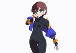 Rule 34 | 1girl, aile (mega man zx), black bodysuit, blue footwear, blue jacket, bodysuit, bodysuit under clothes, breasts, brown hair, collarbone, commentary request, cropped jacket, green eyes, jacket, kaidou zx, mega man (series), mega man zx, no pants, open clothes, open jacket, removing jacket, robot ears, short hair, simple background, small breasts, white background