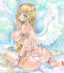 Rule 34 | 1girl, artist name, ass, at classics, back, barefoot, blonde hair, blue eyes, blush, bracelet, breasts, closed mouth, feathered wings, feathers, forehead jewel, from behind, full body, jewelry, large breasts, long hair, looking at viewer, looking back, original, sample watermark, see-through, sideboob, sidelocks, sitting, solo, traditional media, very long hair, watermark, wings