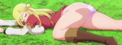 Rule 34 | 1girl, anime screenshot, ass, blonde hair, blush, boots, breast press, breasts, closed eyes, enome, futoku no guild, highres, huge breasts, jacket, long hair, long sleeves, mature female, no pants, on floor, orange jacket, panties, pink panties, screencap, shirt, sidelocks, stitched, thigh boots, thighs, third-party edit, underwear, white shirt