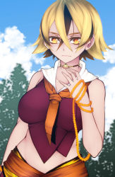 Rule 34 | 1girl, aoshima, ascot, bare shoulders, beads, black hair, blonde hair, breasts, cloud, commentary request, eyebrows, hand on own chest, highres, jewelry, lips, medium breasts, midriff, multicolored hair, necklace, outdoors, red shirt, shirt, short hair, solo, toramaru shou, touhou, tree, two-tone hair, upper body, yellow eyes