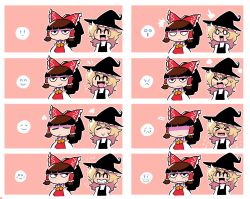 Rule 34 | &gt;:(, &gt; &lt;, ..., 2girls, :o, :|, ^ ^, anger vein, bare shoulders, blonde hair, blunt bangs, blush, bow, brown hair, chibi, closed eyes, closed mouth, commentary, detached sleeves, frown, grin, hair bow, hair tubes, hakurei reimu, hat, highres, kirisame marisa, long hair, multiple girls, ponytail, rariatto (ganguri), red bow, smile, spoken ellipsis, touhou, upper body, witch hat