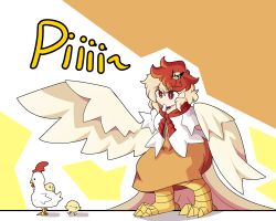 Rule 34 | 1girl, animal, aqwa, bird, bird legs, blonde hair, blowing whistle, brown skirt, chick, chicken, commentary, english commentary, feathered wings, feathers, harpy, highres, medium hair, monster girl, monsterification, mouth hold, multicolored hair, niwatari kutaka, red hair, skirt, solo, touhou, two-tone hair, winged arms, wings, yellow feathers, yellow wings