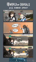Rule 34 | 2girls, 4koma, blonde hair, blue eyes, brown eyes, brown hair, cannon, character name, comic, commentary, dated, doom (series), english commentary, english text, firing, flag, from behind, furutaka (kancolle), gameplay mechanics, gremyashchy (ryan greythorn), hair ornament, hairclip, highres, island, jojo no kimyou na bouken, kantai collection, multiple girls, notepad, original, pencil, pointing, pointing forward, rigging, ryan greythorn, school uniform, serafuku, shaded face, shirt, silhouette, smoke, striped clothes, striped shirt, telnyashka, to be continued, translation request, turret, waving, world of warships