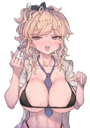 Rule 34 | 1girl, areola slip, bad id, bad pixiv id, between breasts, bikini, black bikini, blonde hair, blue nails, blush, bow, breasts, collarbone, hair bow, highres, large breasts, long hair, looking at viewer, nail polish, necktie, necktie between breasts, open clothes, open mouth, open shirt, original, short sleeves, simple background, solo, sweat, swimsuit, teeth, tongue, tsukeo, upper body, upper teeth only, white background