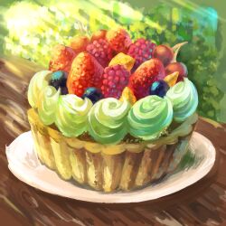 Rule 34 | absurdres, blueberry, cake, cherry, dessert, food, food focus, fruit, fruit tart, highres, nanohana wave, no humans, original, pastry, plant, plate, raspberry, still life, strawberry, sweets, table, tart (food), whipped cream
