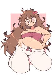 Rule 34 | 1girl, absurdres, border, bow, cropped legs, fate/extra, fate/extra ccc, fate (series), glasses, gluteal fold, hair between eyes, hair bow, highres, jinako carigiri, outside border, poorsdraws, semi-rimless eyewear, simple background, solo, tareme, thighs, under-rim eyewear, white background, white border