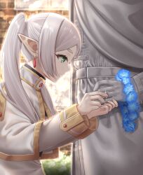 Rule 34 | 1girl, adjusting ring, blurry, capelet, commentary request, dangle earrings, depth of field, dress, earrings, elf, forehead, frieren, green eyes, highres, himmel (sousou no frieren), ine (ineinnen), jewelry, leaning forward, long hair, long sleeves, outdoors, parted bangs, pointy ears, profile, ring, sidelocks, solo, sousou no frieren, statue, thick eyebrows, white capelet, white dress, white hair