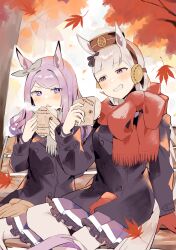 Rule 34 | 2girls, absurdres, animal ears, arm support, autumn, autumn leaves, baozi, bench, black coat, blunt bangs, blush, breasts, bright pupils, coat, commentary request, ear covers, falling leaves, food, foot out of frame, gloves, unworn gloves, gold ship (umamusume), grey hair, grin, hands up, highres, horse ears, horse tail, large breasts, leaf, looking at another, maple leaf, mejiro mcqueen (umamusume), multiple girls, open mouth, petticoat, pink eyes, pleated skirt, purple eyes, purple hair, red gloves, red scarf, revision, scarf, sitting, skirt, smile, steam, tail, teeth, thighhighs, tree, umamusume, usukawa (uskw sr), v-shaped eyebrows, white pupils, white thighhighs