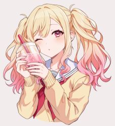Rule 34 | blonde hair, blush, bubble tea, buttons, collarbone, highres, kheng (k heng1223), long hair, long sleeves, looking at viewer, multicolored hair, one eye closed, open mouth, pink hair, project sekai, red eyes, ribbon, school uniform, tenma saki, twintails, two-tone hair