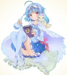Rule 34 | 1girl, ahoge, blue hair, blue thighhighs, blush, book, boots, cape, dog, flask, holding, holding book, jewelpet (series), jewelpet twinkle, michii yuuki, outline, red eyes, round-bottom flask, sara (jewelpet twinkle), short hair, simple background, skirt, smile, solo, star (symbol), thigh boots, thighhighs, white background