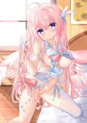 Rule 34 | 1girl, ahoge, armband, bare shoulders, bed, bell, blue bow, blue ribbon, blush, bottomless, bow, breasts, buttons, closed mouth, collarbone, crossed bangs, day, feathered wings, female focus, flower, frills, gloves, hair flower, hair ornament, hair ribbon, hairclip, half gloves, hand up, happy, head tilt, highres, hiyada yuu, indoors, jingle bell, large breasts, leg up, light rays, long hair, looking at viewer, low wings, multicolored bow, navel, original, picture frame, pillow, pink bow, pink hair, pink wings, playing with own hair, purple eyes, revealing clothes, ribbon, sidelocks, single thighhigh, smile, solo, standing, stomach, sunlight, thighhighs, very long hair, white flower, white gloves, white thighhighs, window, wings, wooden floor