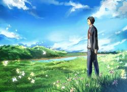 Rule 34 | 1boy, adachi tooru, arms at sides, atlus, bad id, bad pixiv id, blouse, bug, butterfly, collared shirt, day, formal, insect, male focus, necktie, outdoors, persona, persona 4, plant, red necktie, scenery, shirt, sky, solo, standing, suit, toki-o, white shirt