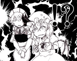 Rule 34 | !?, 2girls, apron, bat wings, blush, braid, brooch, comic, commentary request, constricted pupils, cowboy shot, fang, frilled apron, frilled shirt, frilled shirt collar, frilled skirt, frilled sleeves, frills, greyscale, hair ribbon, hat, hat ribbon, izayoi sakuya, jewelry, koyubi (littlefinger1988), looking at another, maid, maid apron, maid headdress, mob cap, monochrome, multiple girls, open mouth, puffy short sleeves, puffy sleeves, remilia scarlet, ribbon, shirt, short hair, short sleeves, skirt, spoken interrobang, surprised, sweatdrop, touhou, tress ribbon, twin braids, v arms, waist apron, wide-eyed, wings, wrist cuffs