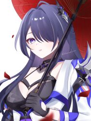 Rule 34 | 1girl, acheron (honkai: star rail), black choker, black gloves, breasts, choker, cleavage, commentary, gloves, hair ornament, hair over one eye, highres, holding, holding umbrella, honkai: star rail, honkai (series), kino (curry pan), large breasts, long hair, looking at viewer, multicolored hair, oil-paper umbrella, purple eyes, purple hair, red umbrella, simple background, solo, streaked hair, umbrella, upper body, very long hair, white background