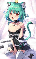 Rule 34 | 1girl, :o, absurdres, ahoge, animal ear fluff, animal ears, bare shoulders, between legs, black bow, black dress, blush, bow, breasts, cat ears, cat girl, cat tail, collarbone, commentary request, curtains, dress, ear piercing, fang, garter straps, green hair, hair between eyes, hand between legs, hand up, highres, hololive, long hair, low twintails, masaki (msk064), off-shoulder dress, off shoulder, on bed, open mouth, paw pose, piercing, pillow, red eyes, sitting, small breasts, solo, tail, thighhighs, twintails, uruha rushia, uruha rushia (3rd costume), virtual youtuber, wariza, white thighhighs