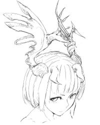 Rule 34 | 1girl, antlers, asymmetrical horns, bad id, bad twitter id, closed mouth, greyscale, horns, jaco, looking at viewer, monochrome, nude, original, portrait, profile, short hair, simple background, solo, white background
