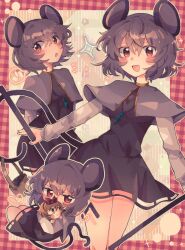 Rule 34 | !, 2girls, animal ears, bag, basket, black dress, blush, breasts, capelet, dowsing rod, dress, grey capelet, grey hair, highres, holding, jewelry, large breasts, long sleeves, mini person, minigirl, mouse ears, mouse girl, mouse tail, multiple girls, multiple views, nazrin, open mouth, pendant, red eyes, short hair, simple background, sparkle, tail, toramaru shou, touhou, yukikaze2828