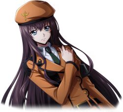 Rule 34 | 1girl, arm at side, armband, artist request, belt, beret, blue eyes, brown hair, buttons, closed mouth, code geass, code geass: lost stories, collared shirt, cropped torso, dutch angle, female focus, game cg, green necktie, hair between eyes, hand on own chest, hand up, hat, jacket, long hair, long sleeves, maya disel, necktie, non-web source, official art, orange hat, orange jacket, serious, shirt, sidelocks, simple background, solo, standing, transparent background, upper body, v-shaped eyebrows, white shirt