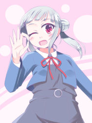 Rule 34 | 1girl, ;), arashi chisato, artist name, artist request, belt, blue cardigan, blue jacket, blush, bow, bowtie, breasts, buttons, cardigan, collared shirt, cropped jacket, double bun, dress, dress shirt, female focus, floating hair, grey belt, grey shirt, grey skirt, hair bun, hair tie, highres, jacket, long hair, long sleeves, looking at viewer, love live!, love live! superstar!!, miniskirt, neck ribbon, o-ring, o-ring belt, ok sign, one eye closed, parted lips, pink background, plaid, plaid skirt, pleated, pleated skirt, red bow, red eyes, red ribbon, ribbon, school uniform, shirt, skirt, small breasts, smile, solo, twintails, wavy hair, white hair, white shirt, wing collar, wink, yuigaoka school uniform