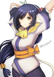 Rule 34 | 1girl, absurdly long hair, absurdres, ainu clothes, aquaplus, arms behind head, arms up, blush, breasts, cat tail, closed mouth, cowboy shot, dress, gradient eyes, hair between eyes, hair ornament, hair over one eye, highres, kuon (utawarerumono), layered sleeves, long hair, long sleeves, looking at viewer, medium breasts, multicolored eyes, ponytail, raised eyebrows, scarf, sidelocks, signature, sleeves rolled up, smile, solo, stormowl0, swept bangs, tail, utawarerumono, utawarerumono: itsuwari no kamen, very long hair, white tail, yellow eyes, yellow scarf