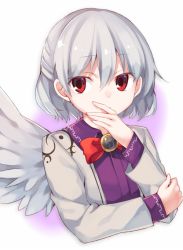 Rule 34 | 1girl, akagashi hagane, bow, bowtie, cropped torso, dress, gradient background, hair between eyes, hand to own mouth, kishin sagume, long sleeves, looking to the side, md5 mismatch, purple background, purple dress, red bow, red bowtie, red eyes, resized, resolution mismatch, short hair, silver hair, single wing, solo, source larger, touhou, upper body, white background, wings