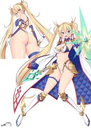 Rule 34 | 1girl, ass, back, bare shoulders, blonde hair, blue eyes, blush, bradamante (fate), bradamante (third ascension) (fate), braid, breasts, coat, commentary request, commission, crown braid, elbow gloves, energy barrier, energy shield, fate/grand order, fate (series), gloves, hair between eyes, hair ornament, highres, jacket, jacket on shoulders, large breasts, long hair, looking at viewer, looking back, multiple views, navel, open clothes, open coat, open mouth, ppshex, scepter, simple background, smile, thigh strap, thighs, twintails, very long hair, white background, white coat