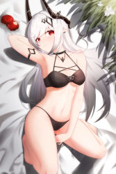 Rule 34 | absurdres, apple, arknights, arm up, armlet, armpits, arms up, barefoot, bed sheet, bikini, black bikini, black hair, blush, breasts, cleavage, collarbone, earrings, food, fruit, gradient hair, hair ornament, highres, horns, jewelry, jndfh, knees up, long hair, looking at viewer, lying, medium breasts, mudrock (arknights), mudrock (silent night) (arknights), multicolored hair, navel, necklace, official alternate costume, on back, on bed, parted lips, pointy ears, red eyes, silver hair, smile, stomach, swept bangs, swimsuit, underboob, very long hair