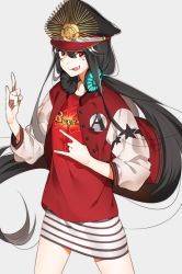 Rule 34 | 1girl, black hair, commentary request, fate/grand order, fate (series), hair between eyes, hand gesture, hat, headphones, headphones around neck, jacket, letterman jacket, long hair, oda nobunaga (fate), oda nobunaga (koha-ace), oda nobunaga (swimsuit berserker) (fate), oda nobunaga (swimsuit berserker) (first ascension) (fate), open clothes, open jacket, peaked cap, red eyes, red shirt, shirt, simple background, skirt, solo, striped, t-shirt, tongue, tongue out, very long hair