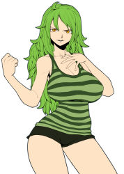 Rule 34 | 1girl, ahoge, bare shoulders, breasts, cleavage, clenched hand, contrapposto, donquixote pirates, flat color, green hair, highres, huge breasts, large breasts, long hair, monet (one piece), one piece, punk hazard, shirt, short shorts, shorts, simple background, solo, spacezin, standing, striped, tank top, textless version, white background, yellow eyes