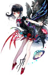 Rule 34 | 1girl, :&gt;, asymmetrical wings, bare arms, bare legs, black dress, black hair, black wings, bow, bowtie, center frills, closed mouth, dress, eyelashes, feathered wings, frills, full body, highres, holding, holding weapon, houjuu nue, leaning forward, long hair, looking at viewer, pointy ears, polearm, red bow, red bowtie, red eyes, red footwear, rooseputo 02, shoes, short dress, short sleeves, simple background, slit pupils, smile, snake, solo, touhou, trident, ufo, weapon, white background, wings