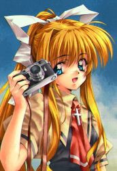 Rule 34 | 1990s (style), 1girl, :d, absurdres, air (visual novel), arm at side, black dress, blonde hair, blue eyes, blue sky, camera, commentary, cross, day, dress, eyelashes, fingernails, hair between eyes, hair ribbon, hand up, highres, holding, holding camera, kamio misuzu, light blush, long hair, longmei er de tuzi, looking at viewer, necktie, open mouth, outdoors, ponytail, puffy short sleeves, puffy sleeves, red necktie, retro artstyle, ribbon, school uniform, shirt, short sleeves, sidelocks, single hair intake, sky, smile, solo, straight hair, symbol-only commentary, upper body, very long hair, white ribbon, yellow shirt