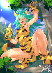 Rule 34 | 1girl, absurdres, animal ears, animal print, banana, bell, blue eyes, cham cham, collar, food, fruit, gloves, green hair, highres, neck bell, one eye closed, outdoors, paw shoes, samurai spirits, shirou, shoes, sitting on branch, snk, solo, squatting, tail, tiger print