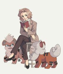 Rule 34 | 1girl, black footwear, brown hair, brown pants, brown suit, commentary, commentary request, creatures (company), crossed legs, dog, english commentary, eyelashes, fangs, formal, game freak, gen 1 pokemon, grey eyes, growlithe, high heels, highres, hisuian growlithe, kaguras-art, mixed-language commentary, nintendo, open mouth, orange fur, palina (pokemon), pants, pokemon, pokemon (creature), pokemon legends: arceus, short hair, simple background, sitting, smile, suit, tongue, tongue out, white background