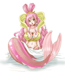 Rule 34 | 1boy, 1girl, bed sheet, between breasts, breasts, chikaburo, cleavage, earrings, fishman island, giant, giantess, green eyes, hat, jewelry, long hair, mermaid, midriff, monkey d. luffy, monster girl, navel, one piece, person between breasts, pink hair, pirate, princess, red shirt, sandals, shirahoshi, shirt, shorts, sitting, size difference, straw hat, tail, tears