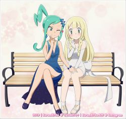 Rule 34 | 2girls, aqua eyes, aqua hair, aqua nails, armpits, asymmetrical hair, bare shoulders, bench, blonde hair, blue dress, blue footwear, blush, breasts, child, cleavage, clenched hand, closed mouth, collarbone, creatures (company), crossed legs, diadem, dress, earrings, elbow gloves, embarrassed, eyelashes, feet, female focus, finger to mouth, fingernails, flat chest, formal, friends, full body, game freak, gen 6 pokemon, gen 7 pokemon, gloves, green eyes, hand up, happy, heart, high heels, highres, holding hands, idol, jewelry, kurumierika, legs, lillie (pokemon), lisia (pokemon), long dress, long hair, long image, matching hair/eyes, mega stone, meiji (kurumierika), multiple girls, nail polish, neck, necklace, nintendo, no socks, one eye closed, pokemon, pokemon oras, pokemon sm, ponytail, sandals, shiny clothes, shiny skin, short dress, side bangs, side slit, sidelocks, simple background, sitting, smile, standing, tall image, thighs, tiara, toenails, toes, white footwear, wink, wristband, yuri