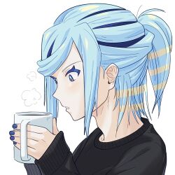 Rule 34 | 1boy, bbhdrrr, black sweater, blue eyes, blue hair, blue nails, blush, creatures (company), cup, from side, game freak, grusha (pokemon), hands up, highres, holding, holding cup, long sleeves, looking down, male focus, mug, nail polish, nintendo, parted lips, pokemon, pokemon sv, ponytail, sleeves past wrists, solo, steam, sweater, upper body, white background