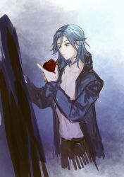 Rule 34 | 1boy, apple, black pants, blood, blood on hands, blue background, blue hair, blue shirt, cropped legs, food, frilled sleeves, frills, fruit, full-length mirror, gradient background, highres, holding, holding food, holding fruit, looking at food, male focus, medium hair, mikaze ai, mirror, official alternate costume, open clothes, open shirt, pants, parted bangs, parted lips, red eyes, shirt, shisi (qh19984), sketch, solo, standing, uta no prince-sama