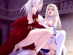Rule 34 | 1boy, 2girls, age difference, ass, bare shoulders, bisexual female, blue eyes, breasts, brown hair, censored, cowgirl position, crown, dress, eururana (himegoto-ai), ffm threesome, game cg, group sex, hair ornament, himegoto-ai, huge breasts, incest, jewelry, licking, lipstick, long hair, lots of jewelry, makeup, mature female, moaning, mother and daughter, multiple girls, nipples, no bra, nude, open mouth, orange eyes, penis, princess, pussy, queen, ramurissa (himegoto-ai), reverse spitroast, sex, sitting, sitting on face, sitting on person, straddling, thighhighs, threesome, white hair, white thighhighs