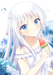 Rule 34 | 1girl, :o, absurdres, aiyan, blue eyes, blurry, blurry background, blush, center frills, collarbone, depth of field, dress, eyelashes, eyes visible through hair, food, frilled dress, frills, hair between eyes, hand up, highres, holding food, holding ice cream, ice cream, long hair, looking at viewer, naruse shiroha, open mouth, popsicle, ribbon, sidelocks, simple background, solo, straight hair, summer pockets, upper body, very long hair, water drop, watermelon bar, white background, white dress, white hair, white ribbon