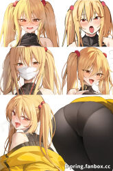 Rule 34 | 1girl, absurdres, ahegao, ass, black leggings, blonde hair, earrings, expressions, face mask, fang, highres, jacket, jewelry, k pring, leggings, looking down, mask, open mouth, red eyes, saliva, sayuri (k pring), sketch, smile, sweat, twintails, yellow jacket