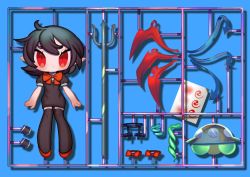 Rule 34 | 1girl, asymmetrical wings, black dress, black hair, black thighhighs, blue background, blue wings, blush, bow, bowtie, chibi, closed mouth, commentary, detached wings, dress, drop shadow, frilled dress, frills, full body, garter belt, garter straps, houjuu nue, looking at viewer, medium hair, model kit, pointy ears, polearm, puffy short sleeves, puffy sleeves, red bow, red bowtie, red eyes, red footwear, red wings, short dress, short sleeves, simple background, smile, snake, solo, sprue girl, sticker, thick eyebrows, thighhighs, touhou, trident, ufo, weapon, wings, wrist cuffs, yamazaki tsukune