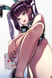 Rule 34 | 1girl, @ @, animal ears, bare shoulders, black leotard, blue eyes, blunt bangs, blush, breasts, card, cleavage, double bun, fake animal ears, fate/grand order, fate (series), hair bun, high heels, kneeling, large breasts, leotard, long hair, looking at viewer, motivation (user kace3282), open mouth, playboy bunny, playing card, purple hair, rabbit ears, sidelocks, smile, solo, twintails, very long hair, wrist cuffs, yang guifei (fate)